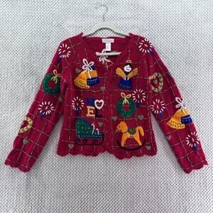 VTG Lord & Taylor Sweater Womens M Red Knit Christmas Button Front Cardigan